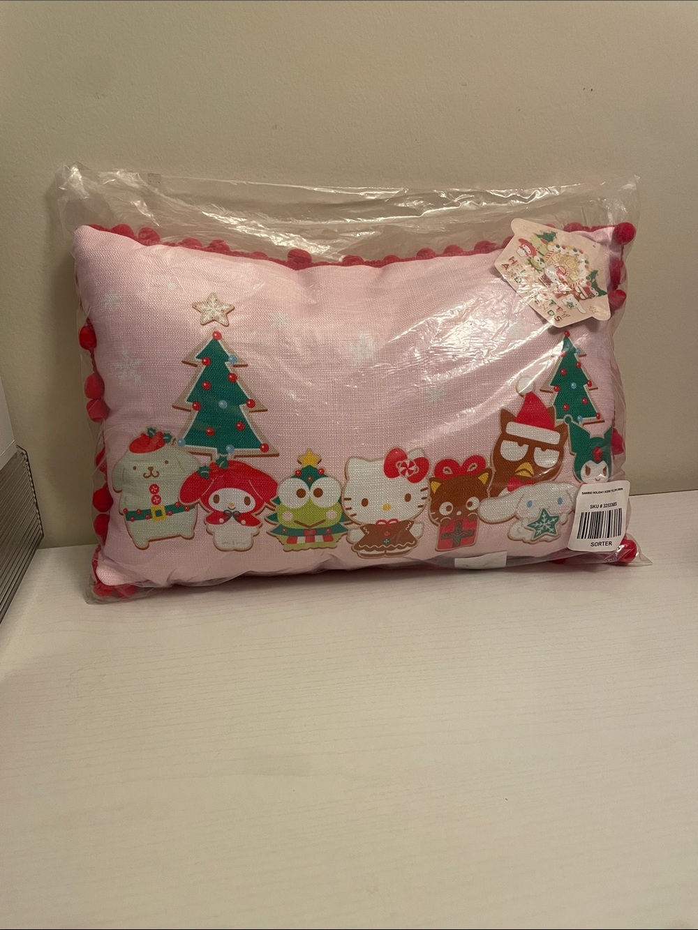 Sanrio Pink Holiday Character Pillow with Red Pom Trim